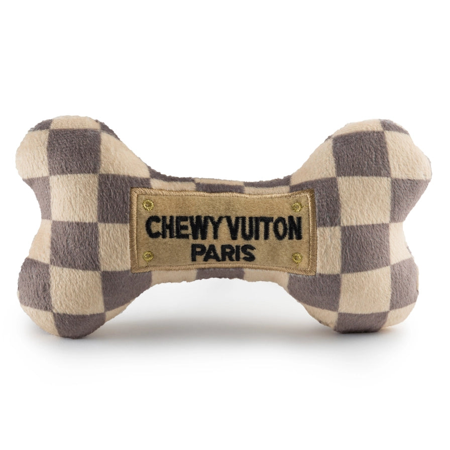 Checker Chewy Vuiton Bone Squeaker Dog Toy