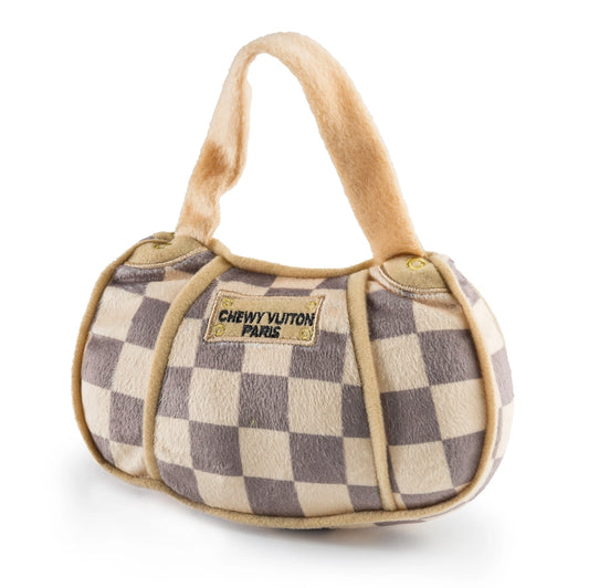 Checker Chewy Vuiton Handbag Squeaker Dog Toy