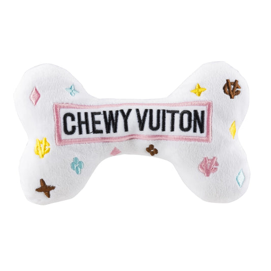 White Chewy Vuiton Bone Squeaker Dog Toy